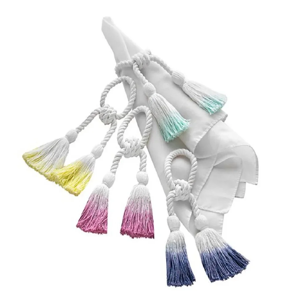 8 Wild Sage Colorful Ombre Rope Tassel Napkin Rings White Yellow Pink Blue Green